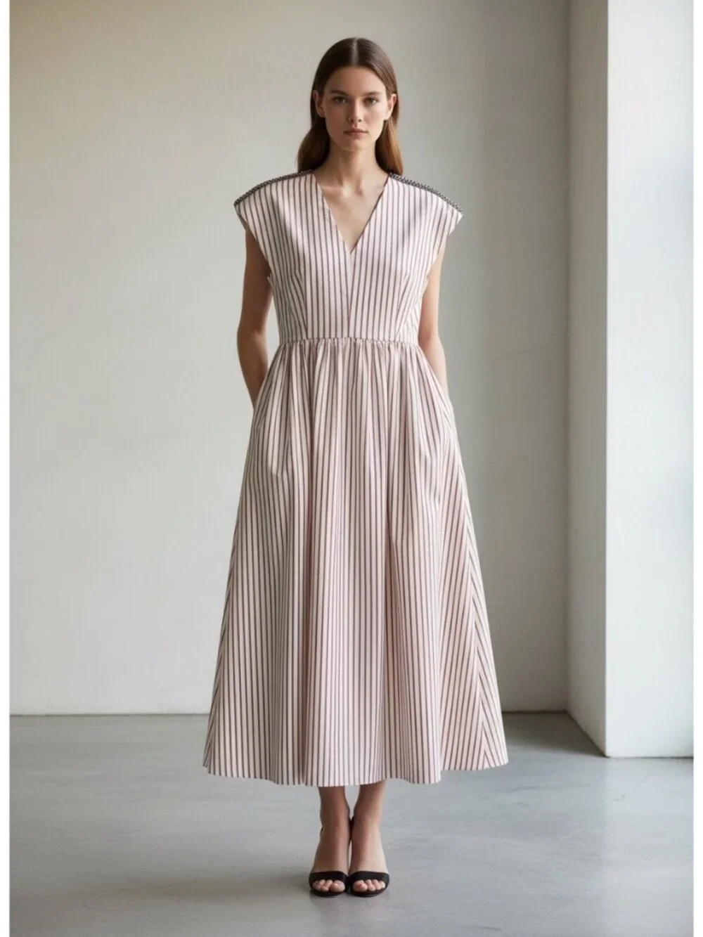 Fabiana Filippi NWT Italian Cotton Stripe Maxi Dress Beaded Shoulder IT 48 US 12 - Picture 2 of 16